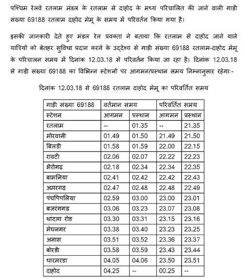 Ratlam Dahod Memu 69188 News Railway Enquiry